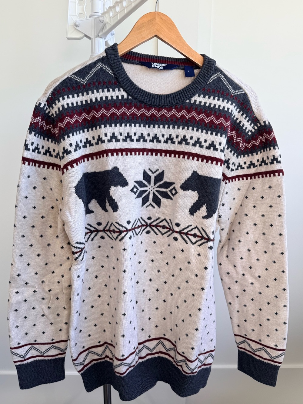 Lands' End Cream Crewneck Sweater with Navy and Burgundy Fair Isle